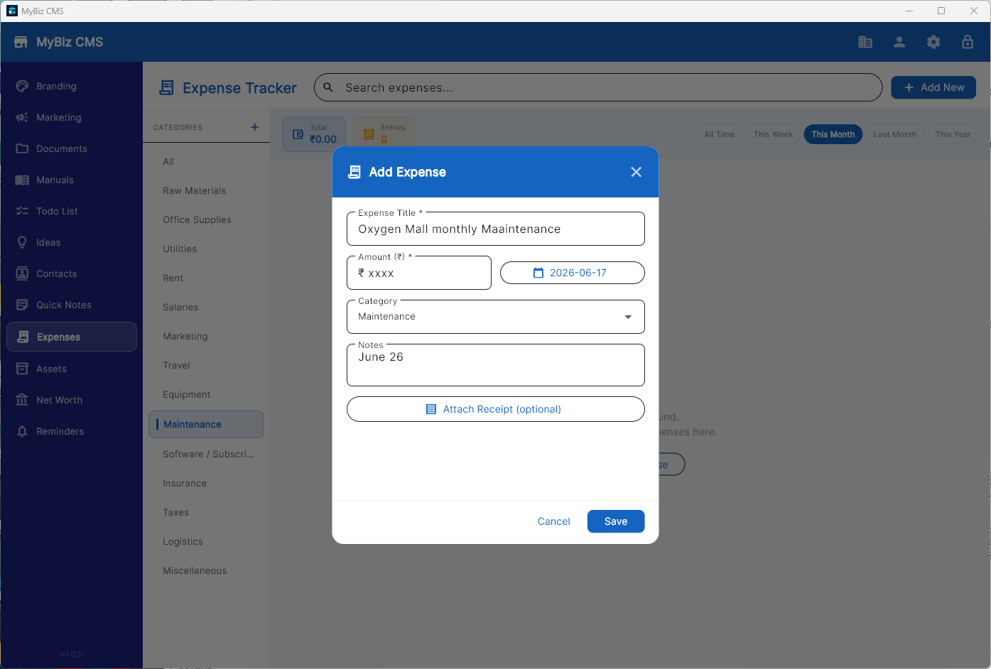 SmallBizzCMS — Expense Tracking